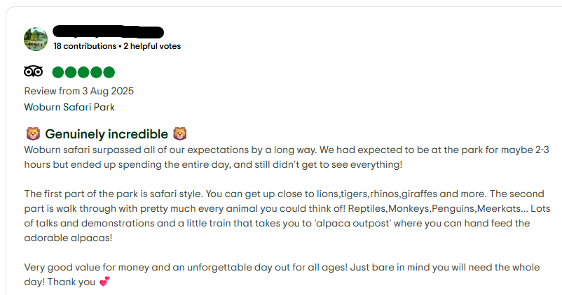 Five star review of Woburn Safari Park