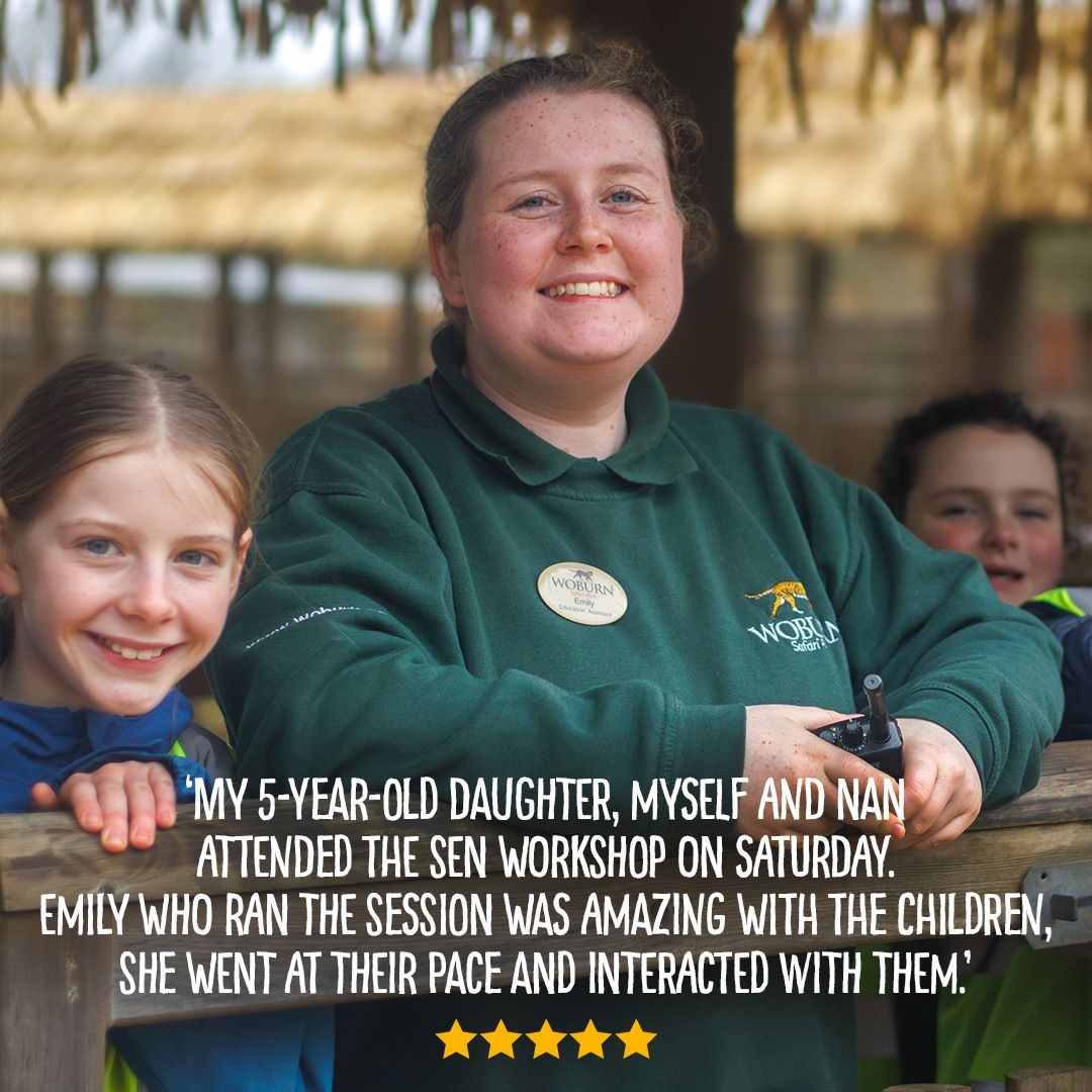 Text Reads: My five year old daughter, myself and nan attended the sen workshop on saturday. Emily who ran the session was amazing with the children, she went at their pace and interacted with them. Image shows: education ranger emily smiling with two young workshop students 