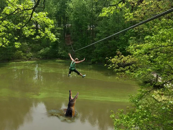 Fake photo of a man on a zip line over a lake with a crocodile jumping up at him