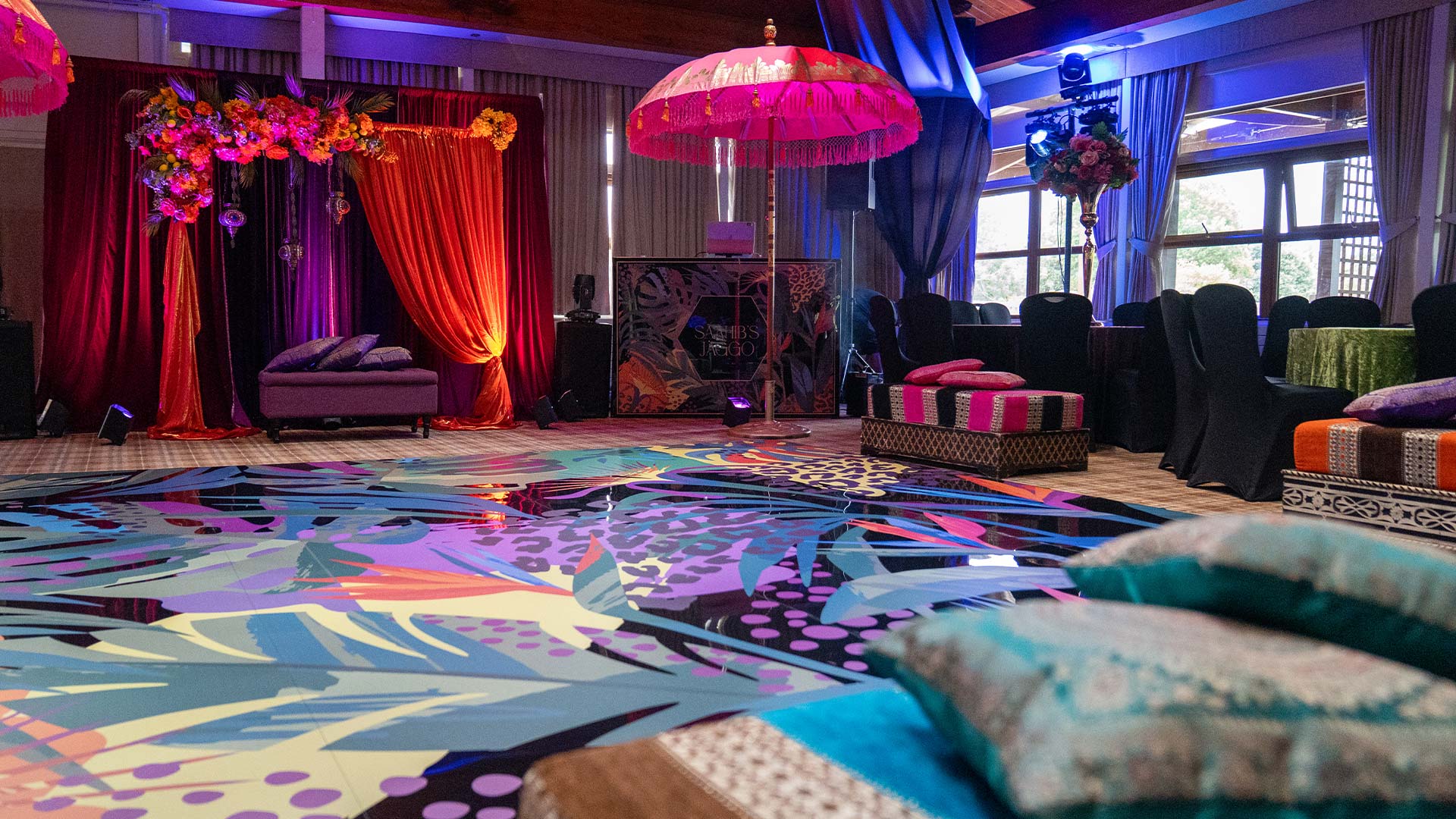 Interior shot of a wedding set up in the Safari Lodge